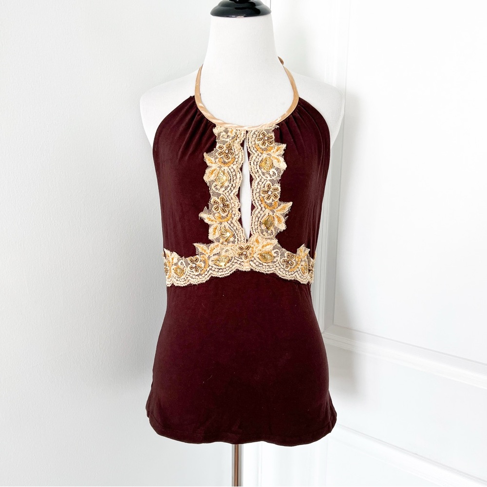 J2 Vintage Brown and Gold Women's Halter Top